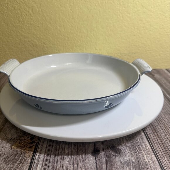 Vintage DRU Holland Blue Tulips Enameled Round Baking Dish Rare #25 w2 Handles - Picture 5 of 9